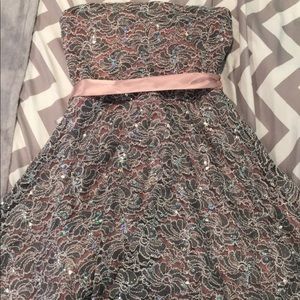 Silver and pink strapless homecoming dress